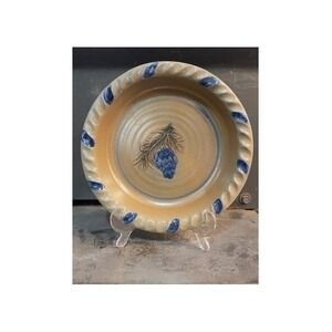 Rowe Pottery Works 2000 Salt Glazed Stoneware Pie Plate Blue Pinecone 10 Inch